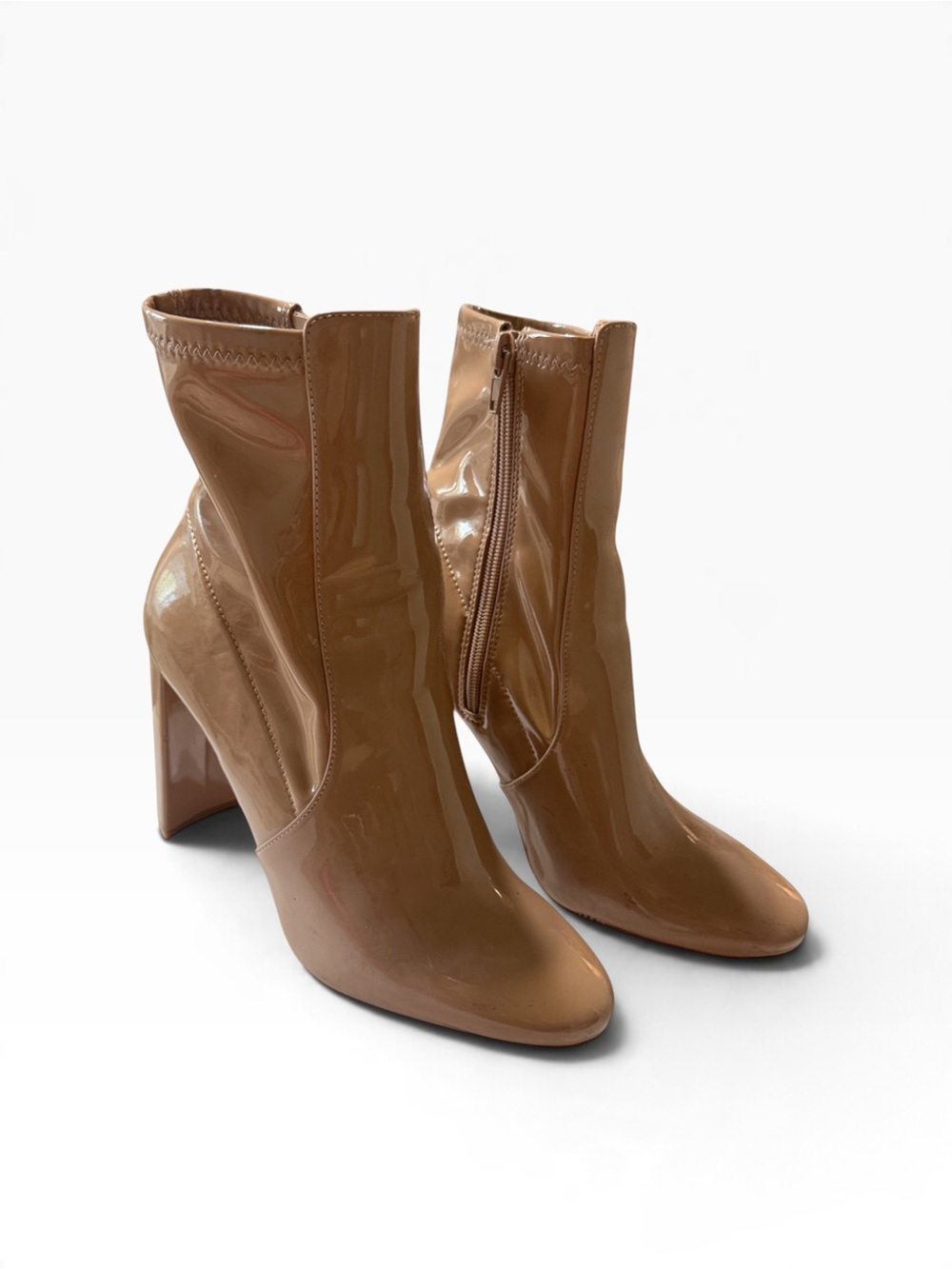 Aldo Tan Patent Leather Block Heel Ankle Boots